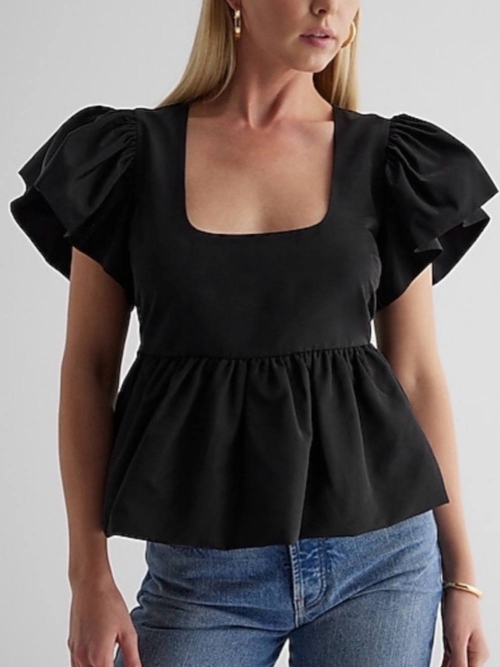 Express Black Square-Neck Puff-Sleeve Peplum Top Size Small NWT